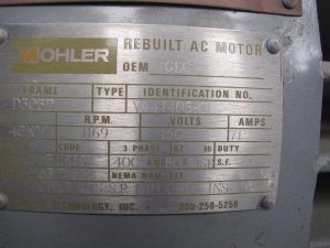 MOTOR, ELECTRIC TYPE, 54 (40KW) HORSEPOWER, 460VAC ELEC RATING, 1200 NOMINAL RPM, D505D FRAME, 71 AMPS, TEFC ENCLOSURE, CONTINUOUS DUTY, 1.1 SERVICE FACTOR, DOUBLE SHAFTED SHAFT. CLASS H INSULATION, D-FACE HORIZONTAL, WITH TWO 480 WATT/240V SPACE HAETERS.80 C HEAT-RISE OVER 40 C AMBIENT. DOULE-SHIELDED BEARINGS PACKED WITH POLYREX EM, OR CHEVRON SRI-II GREASE (W-44) LOADING & HANDLING FEE $15-